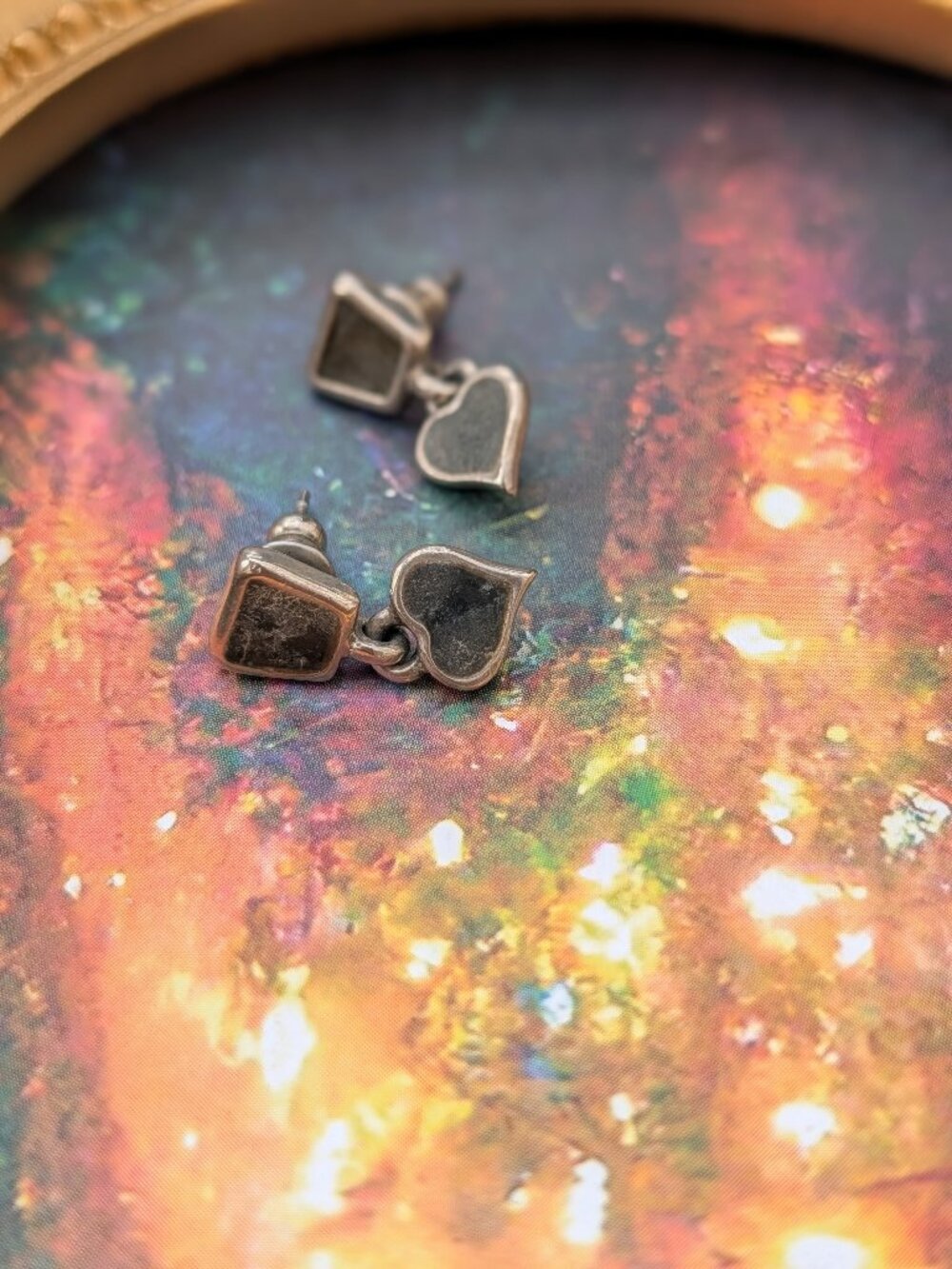 Vintage Silver Tone Square & Heart Drop Earrings with Moldavite, Post Back